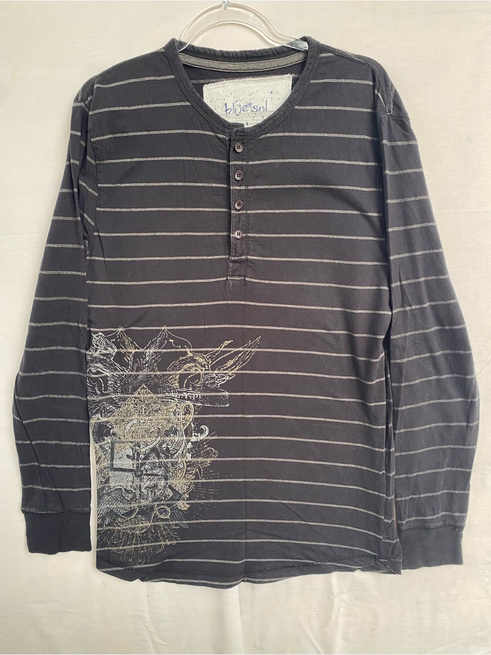 blue sol Henley Y2K Long Sleeve black, Gray Striped Men's Knit T-Shirt Size XL